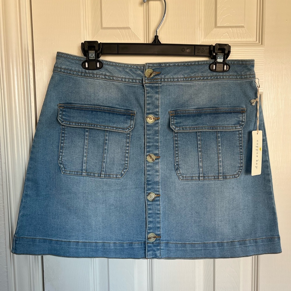 Copper Key Light Blue A-Line Denim Skirt with Pockets